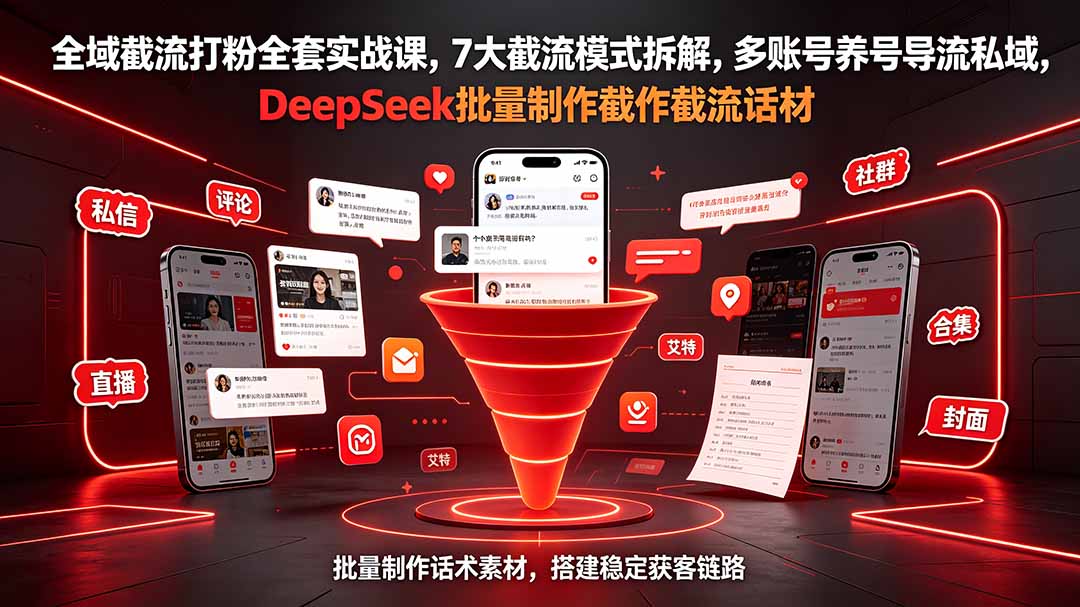 全域截流打粉全套实战课，7大截流模式拆解，多账号养号导流私域，DeepSeek批量制作截流话术素材-万象聊项目