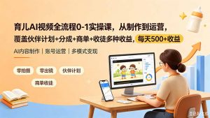 育儿AI视频全流程0-1实操课，从制作到运营，覆盖伙伴计划+分成+商单+收徒多种收益，每天500+收益-万象聊项目