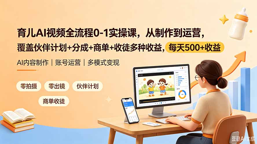育儿AI视频全流程0-1实操课，从制作到运营，覆盖伙伴计划+分成+商单+收徒多种收益，每天500+收益-万象聊项目