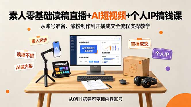 素人零基础读稿直播+AI短视频+个人IP搞钱课，从账号准备、涨粉制作到开播成交全流程实操教学-万象聊项目