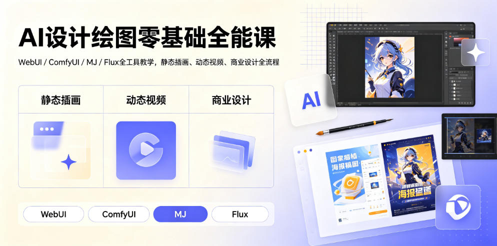 AI设计绘图零基础全能课｜WebUI/ComfyUI/MJ/Flux全工具教学，静态插画、动态视频、商业设计全流程-万象聊项目