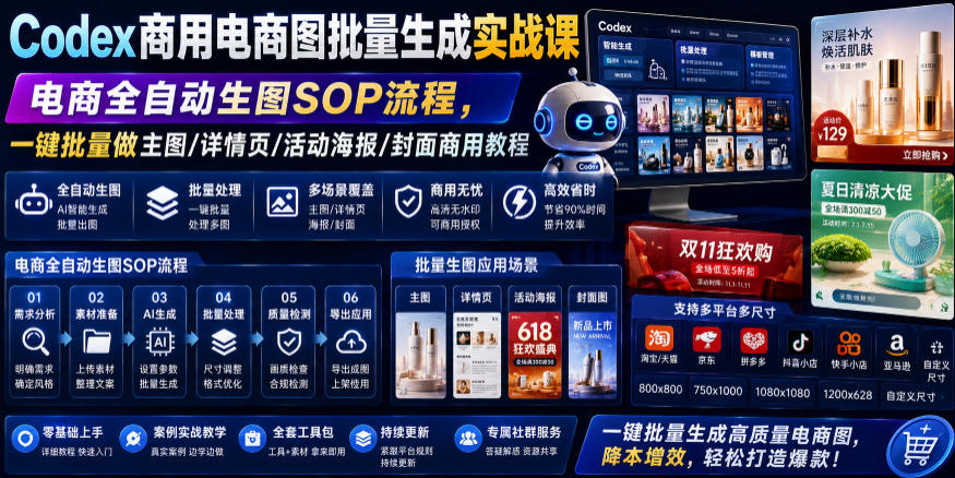 Codex商用电商图批量生成实战课｜电商全自动生图SOP流程，一键批量做主图/详情页/活动海报/封面商用教程-万象聊项目