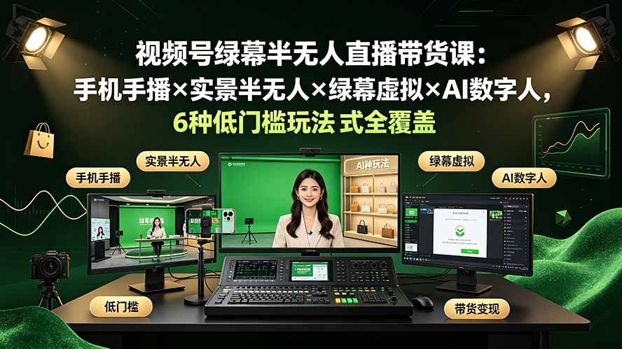 视频号绿幕半无人直播带货课：手机手播×实景半无人×绿幕虚拟×AI数字人，6种低门槛玩法全覆盖-万象聊项目