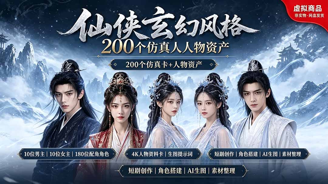 200个仙侠玄幻仿真人素材◆10男主×10女主×180配角，4K资料卡+AI生图提示词，漫剧必备-万象聊项目