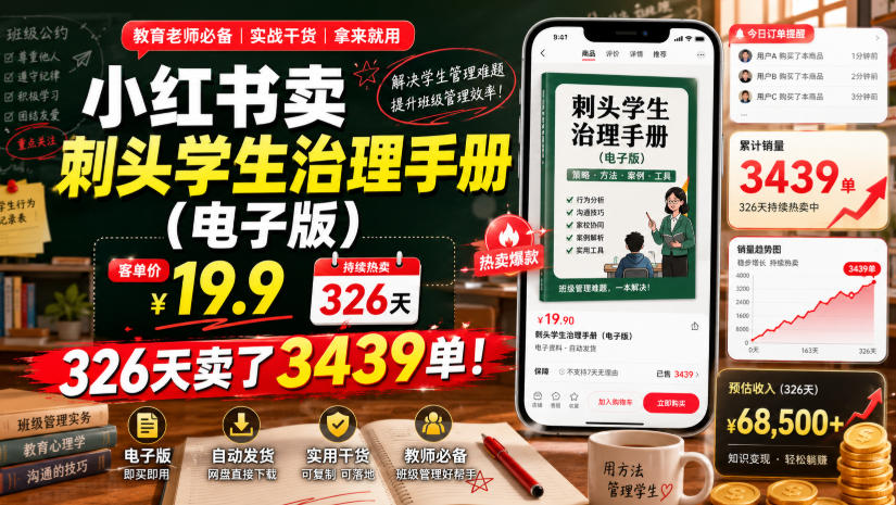 小红书卖刺头学生治理手册(电子版)，客单价19.9，326天卖了3439单！-万象聊项目