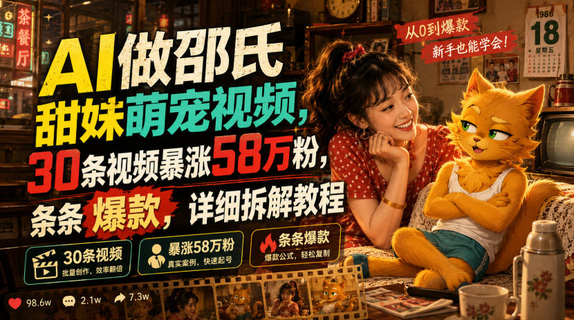 AI做邵氏甜妹萌宠视频，30条视频暴涨58万粉，条条爆款，详细拆解教程-万象聊项目