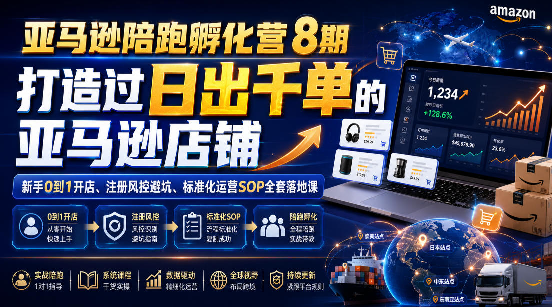 亚马逊陪跑孵化营8期，打造过日出千单的亚马逊店铺，新手0到1开店、注册风控避坑、标准化运营SOP全套落地课-万象聊项目