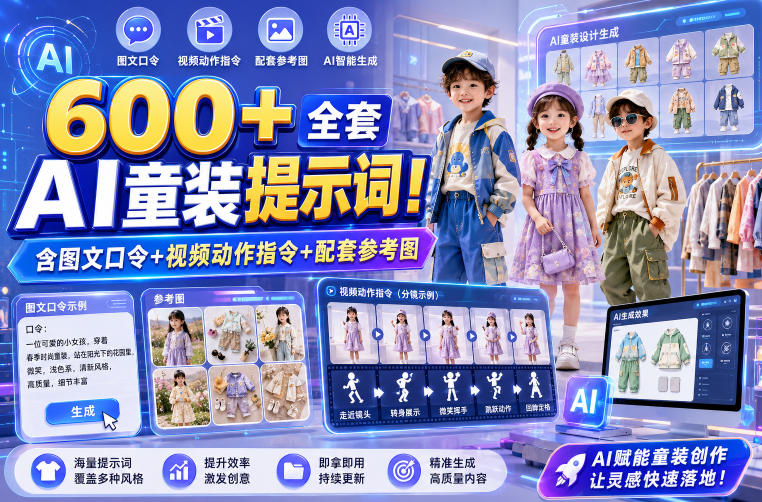 600+全套AI童装提示词！含图文口令+视频动作指令+配套参考图，Word-Excel规整分类，童装电商、种草无脑量产内容！-万象聊项目