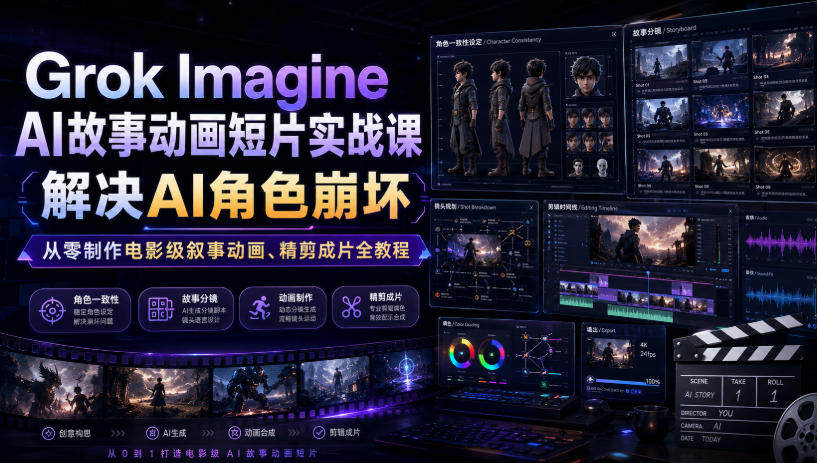 Grok Imagine AI故事动画短片实战课｜解决AI角色崩坏，从零制作电影级叙事动画、精剪成片全教程(中英字幕)-万象聊项目