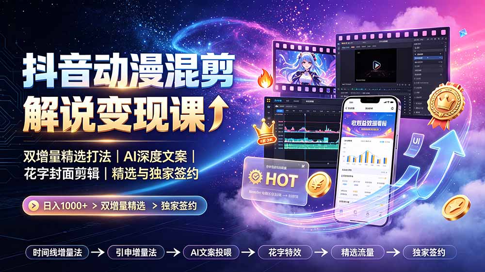 抖音动漫混剪解说变现课：双增量精选打法｜AI深度文案｜花字封面剪辑｜ 精选与独家签约日入1000+-万象聊项目