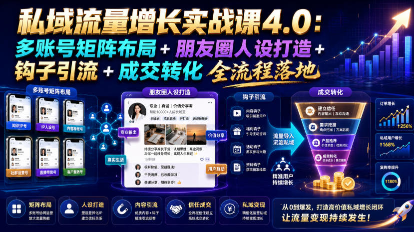 私域流量增长实战课4.0：多账号矩阵布局+朋友圈人设打造+钩子引流+成交转化全流程落地-万象聊项目