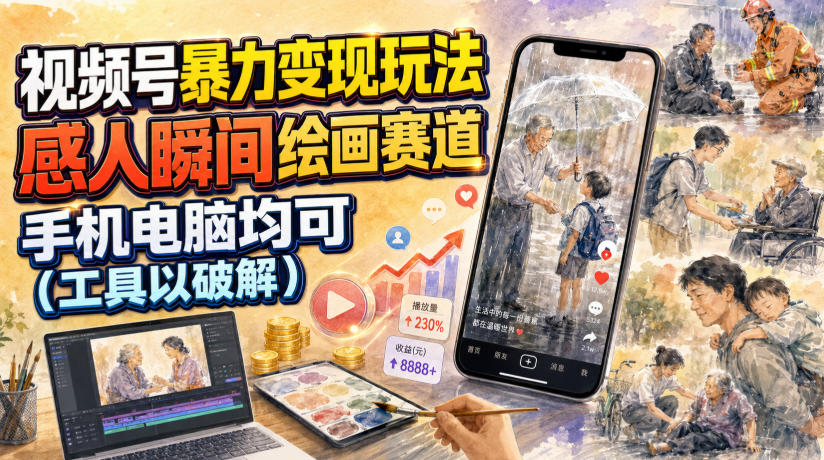 视频号暴力变现玩法，感人瞬间绘画赛道，手机电脑均可-万象聊项目