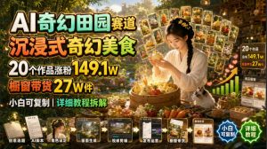 AI奇幻田园赛道，沉浸式奇幻美食，20个作品涨粉149.1W，橱窗带货27W件，小白可复制，详细教程拆解-万象聊项目
