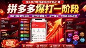 拼多多打爆班原创技术第61期，拼多多爆打一阶段，自动化起量全玩法・软件批量操作・投产优化・大促矩阵实战课-万象聊项目