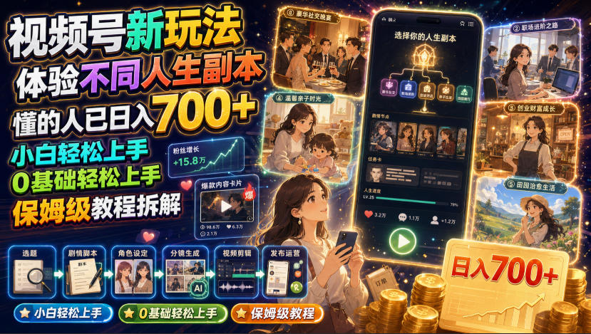 视频号新玩法体验不同人生副本，懂的人已日入700+，小白轻松上手，0基础轻松上手，保姆级教程拆解-万象聊项目