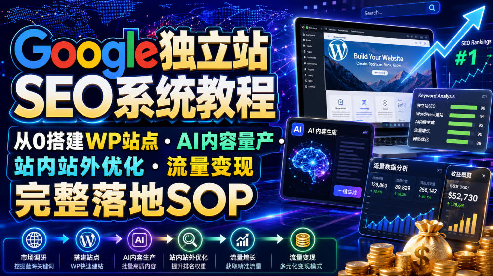 Google独立站SEO系统教程，从0搭建WP站点・AI内容量产・站内站外优化・流量变现完整落地SOP(2026年7月)-万象聊项目