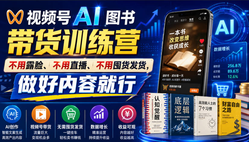 视频号AI图书带货训练营，不用露脸、不用直播、不用囤货发货，做好内容就行，一条爆款视频佣金8942-万象聊项目