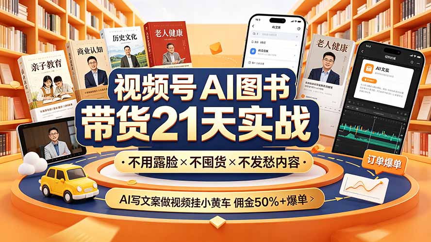 视频号AI图书带货21天实战：不用露脸×不囤货×不发愁内容，AI写文案做视频挂小黄车，佣金50%+爆单-万象聊项目