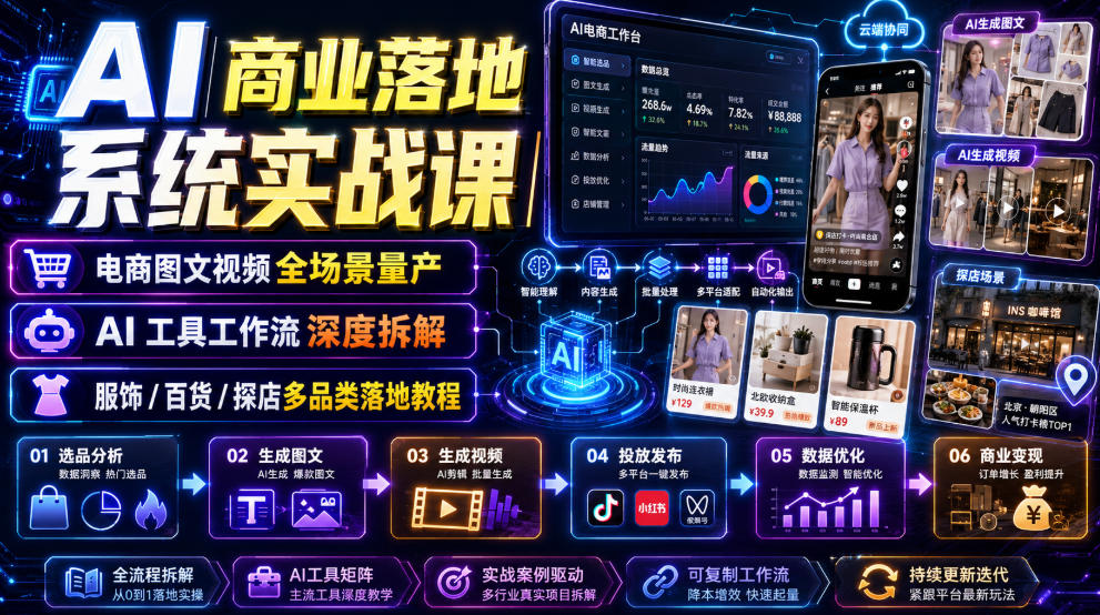 AI商业落地系统实战课｜电商图文视频全场景量产・AI工具工作流深度拆解・服饰/百货/探店多品类落地教程-万象聊项目