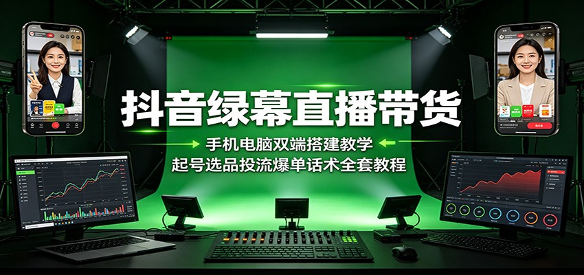 抖音绿幕直播带货：手机电脑双端搭建教学，起号选品投流爆单话术全套教程-万象聊项目