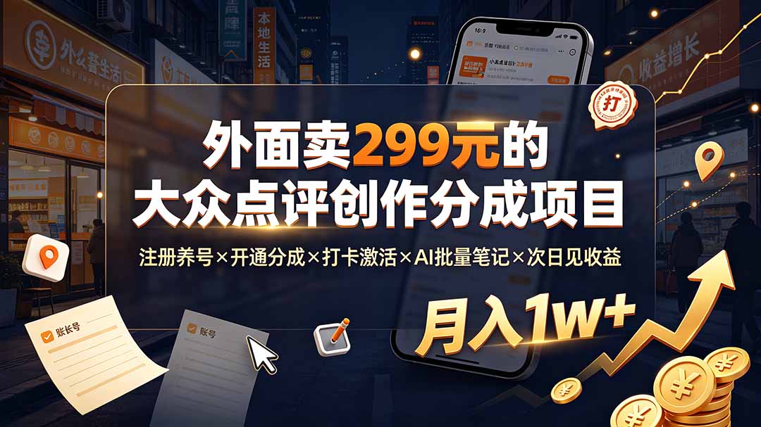 外面卖299元的大众点评创作分成项目：注册养号×开通分成×打卡激活×AI批量笔记×次日见收益，月入1w+-万象聊项目