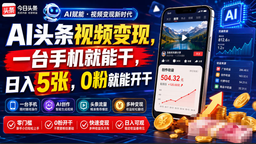 AI头条视频变现，一台手机就能干，日入5张，0粉就能开干-万象聊项目