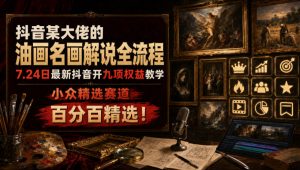 抖音某大佬的油画名画解说全流程，7.24日最新抖音开九项权益教学，小众精选赛道，百分百精选！-万象聊项目