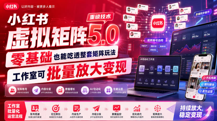 小红书虚拟矩阵5.0重磅技术，零基础也能吃透整套矩阵玩法，工作室可批量放大变现-万象聊项目