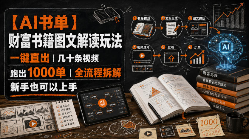【AI书单】财富书籍图文解读玩法，一键直出，几十条视频，跑出1000单，全流程拆解，新手也可以上手-万象聊项目