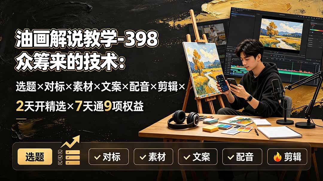 油画解说教学-398众筹来的技术：选题×对标×素材×文案×配音×剪辑×2天开精选×7天通9项权益-万象聊项目
