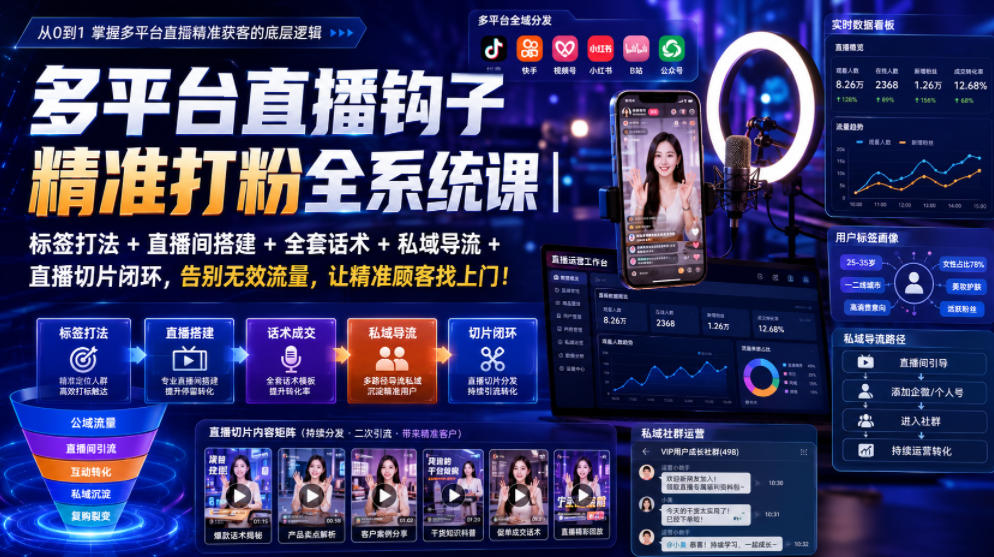 多平台直播钩子精准打粉全系统课｜标签打法+直播间搭建+全套话术+私域导流+直播切片闭环，告别无效流量，让精准顾客找上门！-万象聊项目