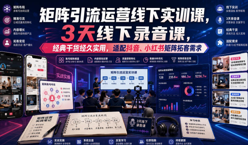 嗨推矩阵引流运营线下实训课，3天线下录音课，经典干货经久实用，适配抖音、小红书矩阵拓客需求-万象聊项目