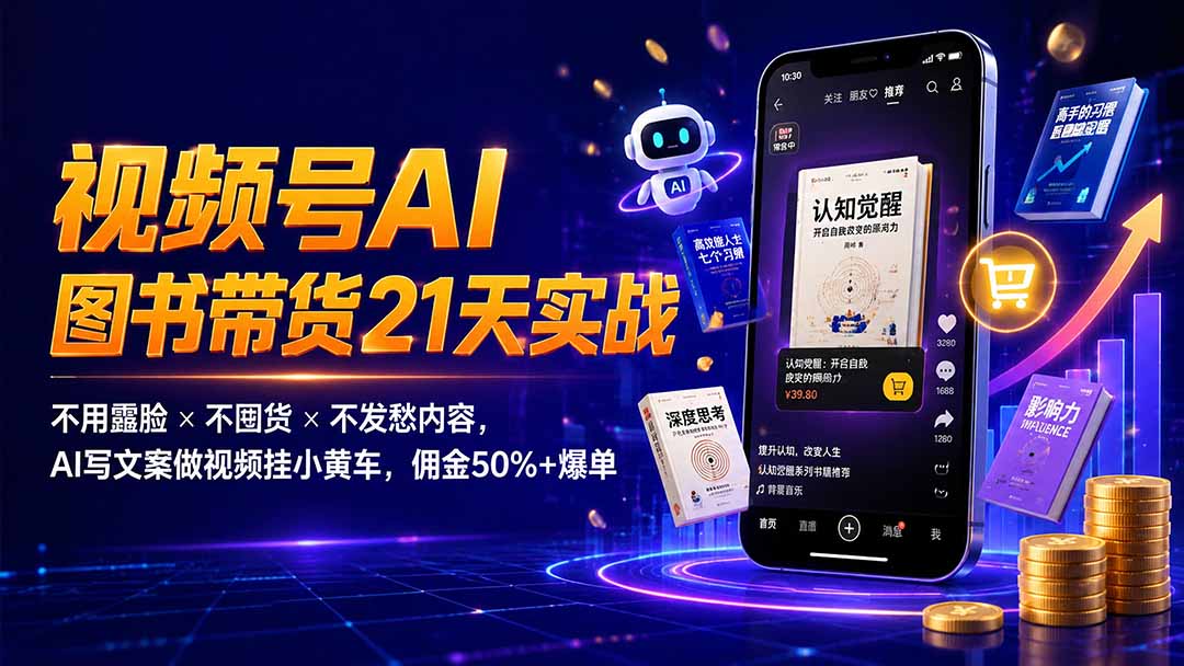 繁花视频号AI图书带货21天实战：不用露脸×不囤货×不发愁内容，AI写文案做视频挂小黄车，佣金50%+爆单-万象聊项目