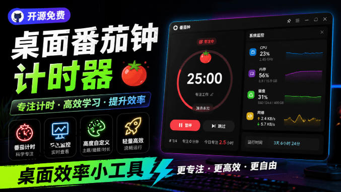 仅1.16MB，开源极简的桌面时钟、番茄钟计时器，还支持系统监控显示，桌面效率小工具Catime-万象聊项目