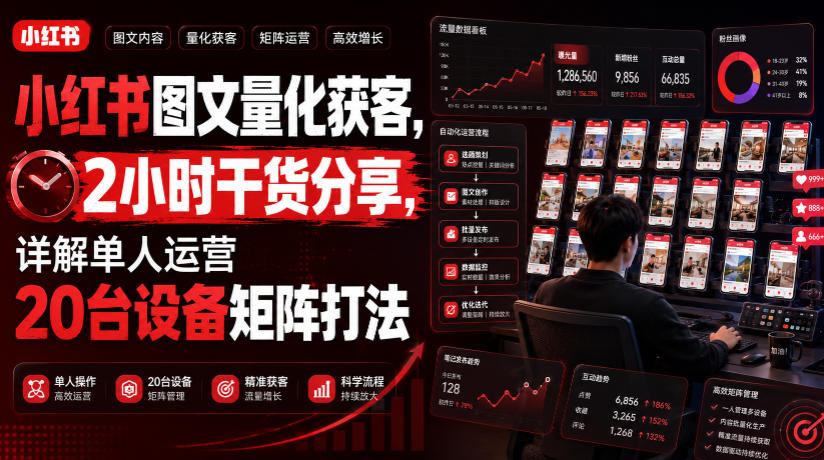 小红书图文量化获客，2小时干货分享，详解单人运营20台设备矩阵打法-万象聊项目