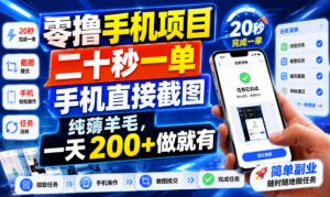 零撸手机项目，二十秒一单，手机直接截图，纯薅羊毛，一天200+做就有【揭秘】-万象聊项目