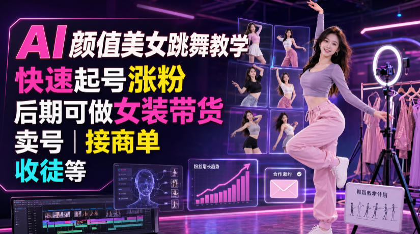 AI颜值美女跳舞教学，快速起号涨粉，后期可做女装带货，卖号，接商单，收徒等-万象聊项目