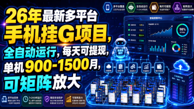 26年最新多平台手机挂G项目，全自动运行，每天可提现，单机900-1500月，可矩阵放大【揭秘】-万象聊项目