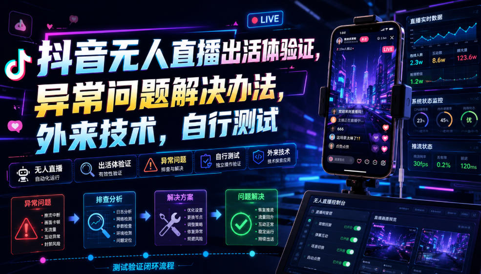 抖音无人直播出活体验证，异常问题解决办法，外来技术，自行测试-万象聊项目
