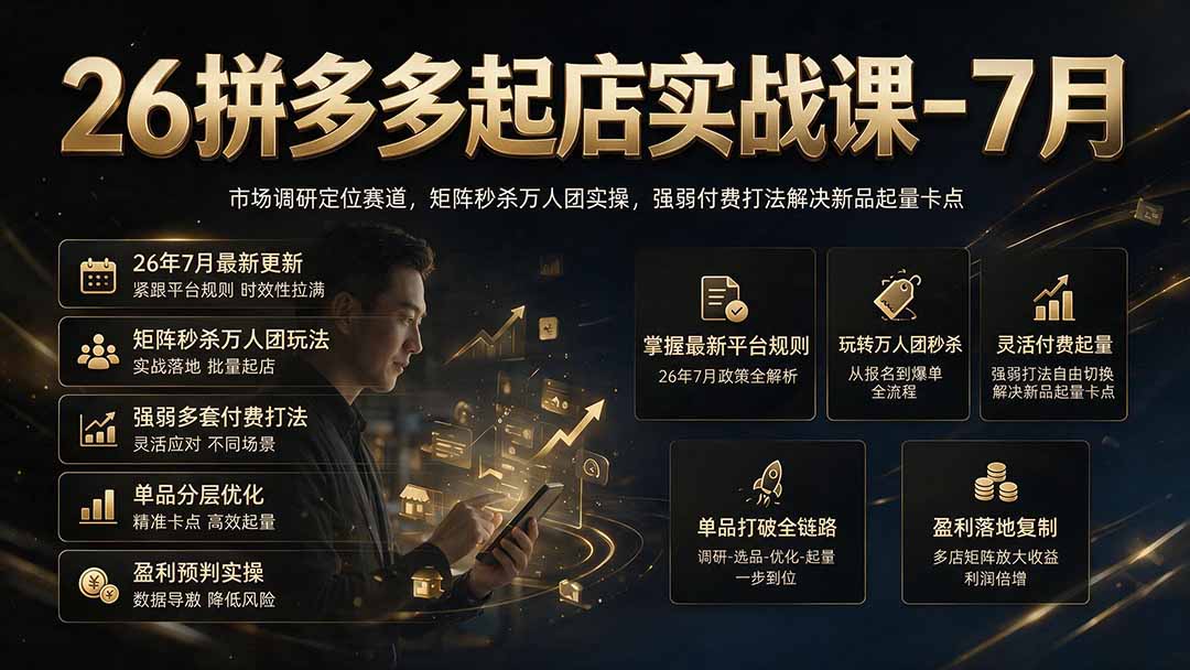 26拼多多起店实战课-7月｜市场调研定位赛道，矩阵秒杀万人团实操，强弱付费打法解决新品起量卡点-万象聊项目