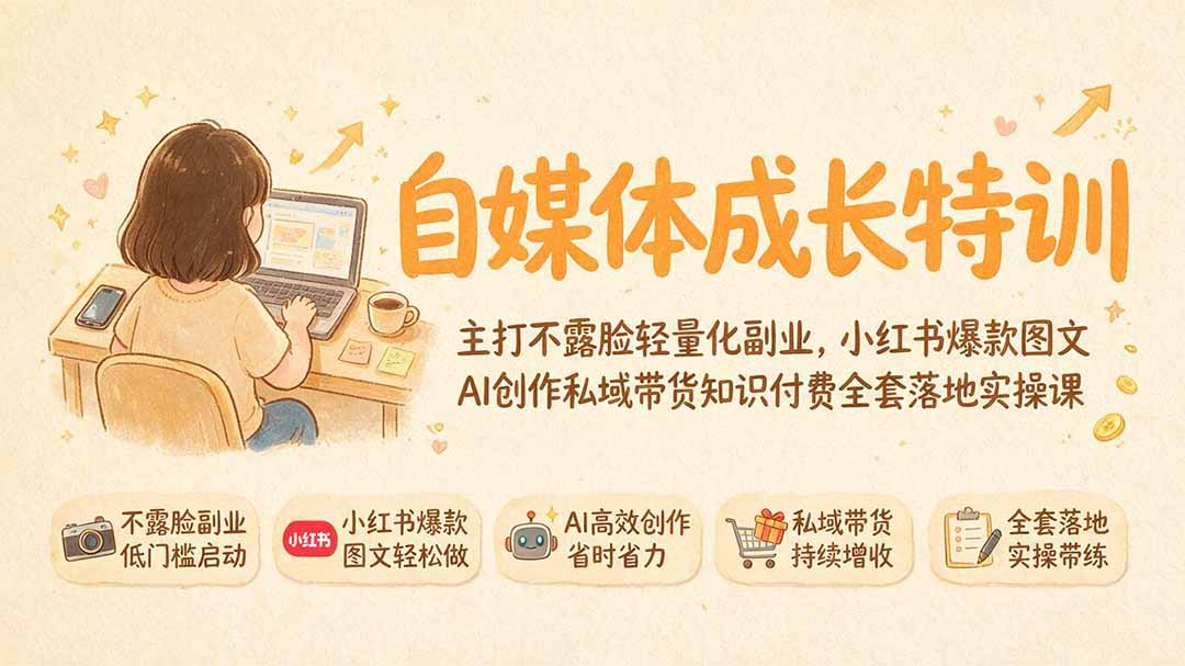 自媒体成长特训｜主打不露脸轻量化副业，小红书爆款图文AI创作私域带货知识付费全套落地实操课-万象聊项目