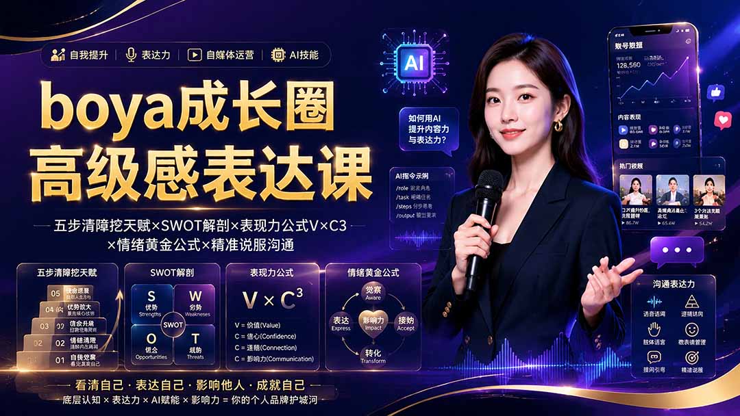boya成长圈｜内心成长高级表达AI自媒体三合一，消解内耗挖掘天赋，镜头沟通AI指令短视频全流程教学-万象聊项目