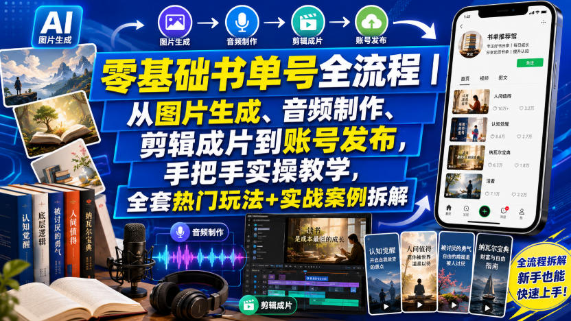 零基础书单号全流程｜从图片生成、音频制作、剪辑成片到账号发布，手把手实操教学，全套热门玩法+实战案例拆解-万象聊项目