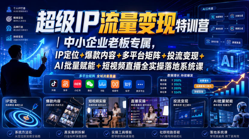 超级IP流量变现特训营｜中小企业老板专属，IP定位+爆款内容+多平台矩阵+投流变现+AI批量赋能+短视频直播全实操落地系统课-万象聊项目