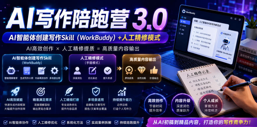 AI写作陪跑营3.0，Ai智能体创建写作skill(workbuddy)+人工手写模式(手搓模式)，去除AI痕迹(头条号、公众号、百家号)(更新0730)-万象聊项目