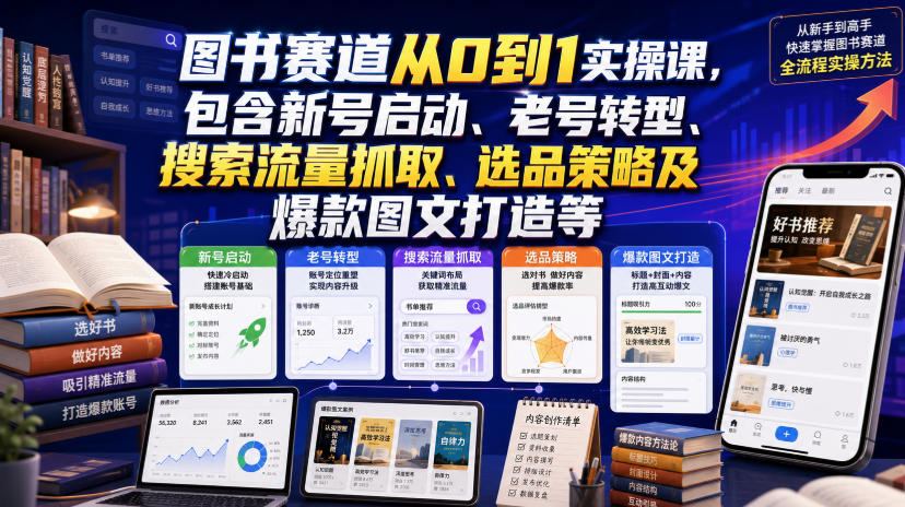 图书赛道从0到1实操课，包含新号启动、老号转型、搜索流量抓取、选品策略及爆款图文打造等-万象聊项目