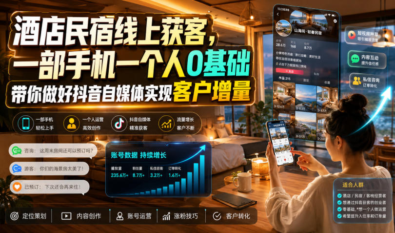 酒店民宿线上获客，一部手机一个人0基础带你做好抖音自媒体实现客户增量-万象聊项目
