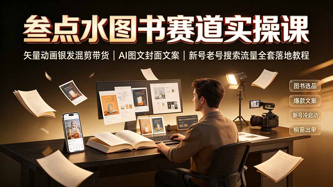 叁点水图书赛道实操课｜矢量动画银发混剪带货，AI图文封面文案，新号老号搜索流量全套落地教程-万象聊项目
