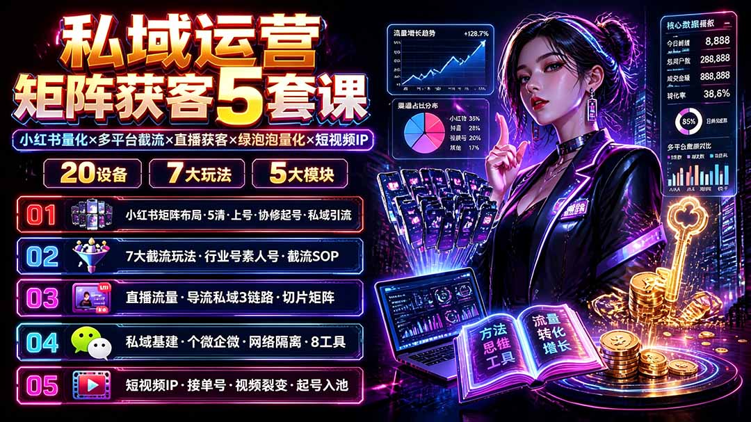 私域运营矩阵获客5套课：小红书量化×多平台截流×直播获客×绿泡泡量化×短视频IP×20设备×7大玩法-万象聊项目