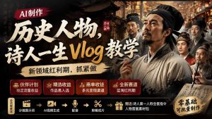 历史人物，诗人一生Vlog教学， AI制作丨伙伴计划丨精选收益丨商单收徒 ，新领域红利期，抓紧做-万象聊项目